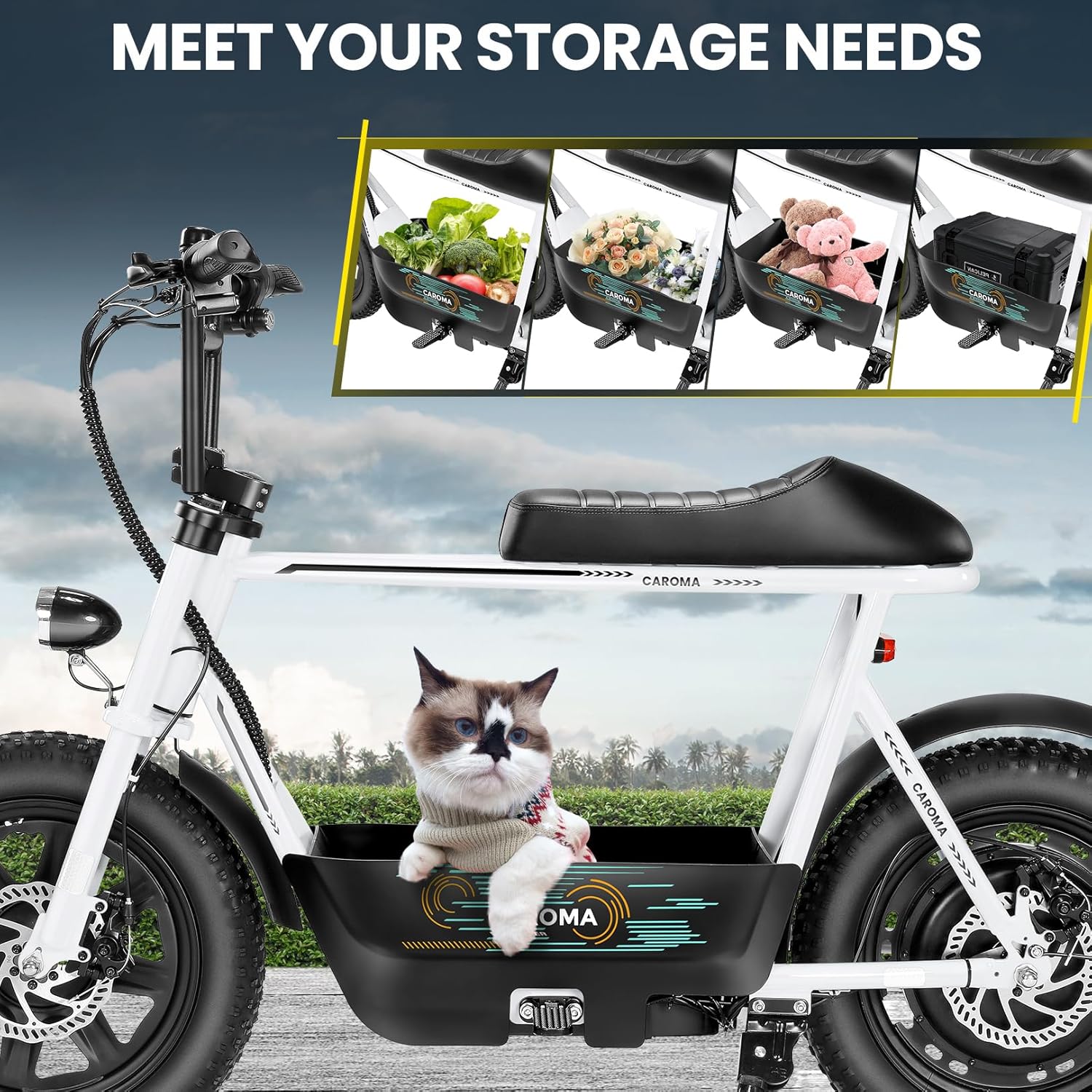1200W Electric Scooter with Seat,16"×3" Fat Tire Electric Bike All-Terrain,Max 30Miles&20MPH Electric Scooter Adult Electric Dirt Bike,Motorcycle Scooter with Storage Basket for Pets&Cargo