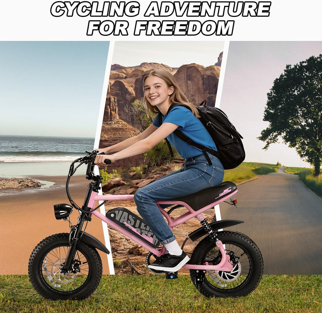Compact 16" Fat Tire Electric Bike | 500W Youth & Adult Utility E-Bike (Pink)