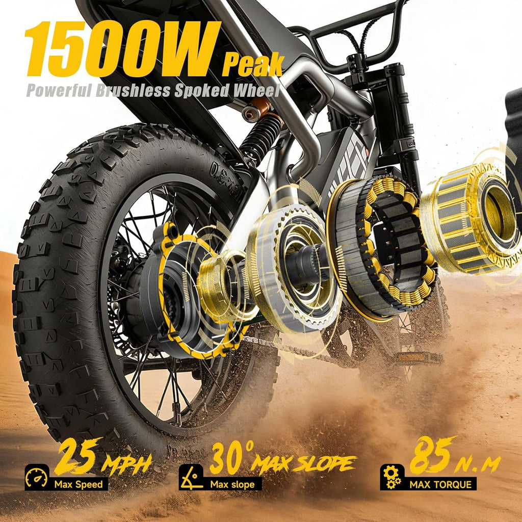All-Terrain Electric Dirt Bike – 1500W Peak, 25MPH, 16" Fat Tire Off-Road Motorcycle
