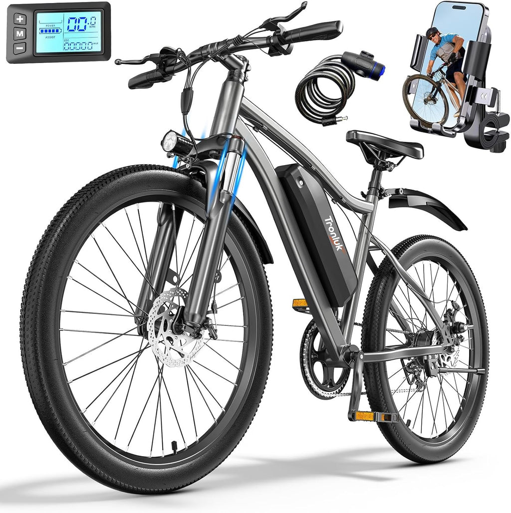 Lightweight 26" Electric Mountain & Commuter Bike – 720W Peak Motor, 25MPH Max Speed, 375Wh Removable Battery, 7-Speed Trail E-Bike
