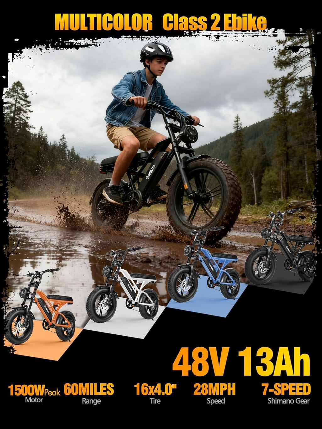 Compact All-Terrain Dual-Suspension Electric Bike – 1500W Peak Commuter E-Bike for Adults (28MPH, 48V 13Ah Removable Battery, 60 Mile Range, 16" x 4.0" Fat Tires, 7-Speed)