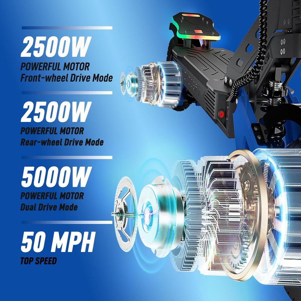 Electric Scooter for Adults, 5000W Dual Motor Electric Scooter | 50 Mph Top Speed, 55 Miles Max Range, 60V/25AH Battery, Dual Suspension Hydraulic Braking System, 10.5" Off-Road & LED Light
