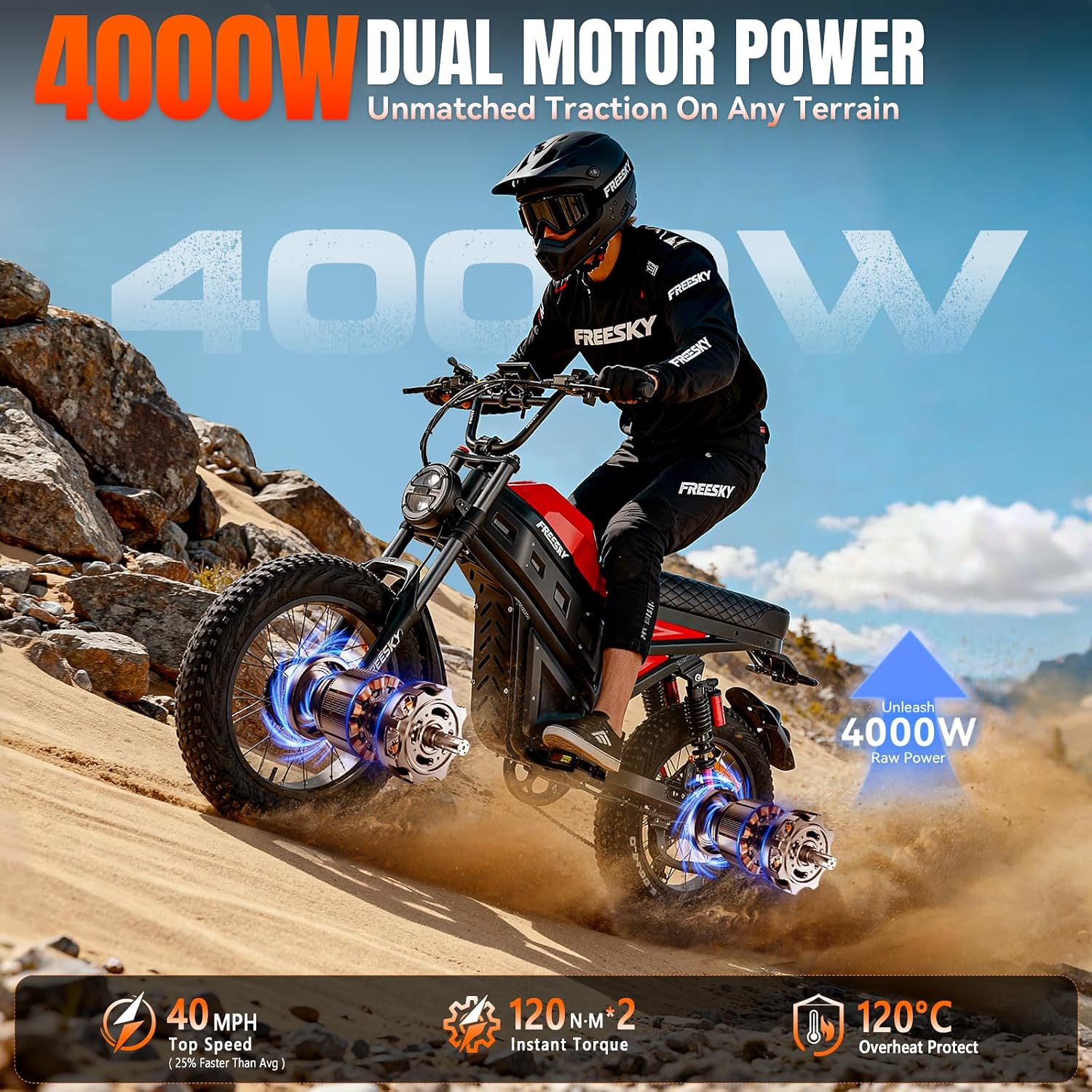 20" Dual-Motor Off-Road Electric Dirt Bike | 4000W Peak 40MPH Ultra Long Range Adult E-Bike