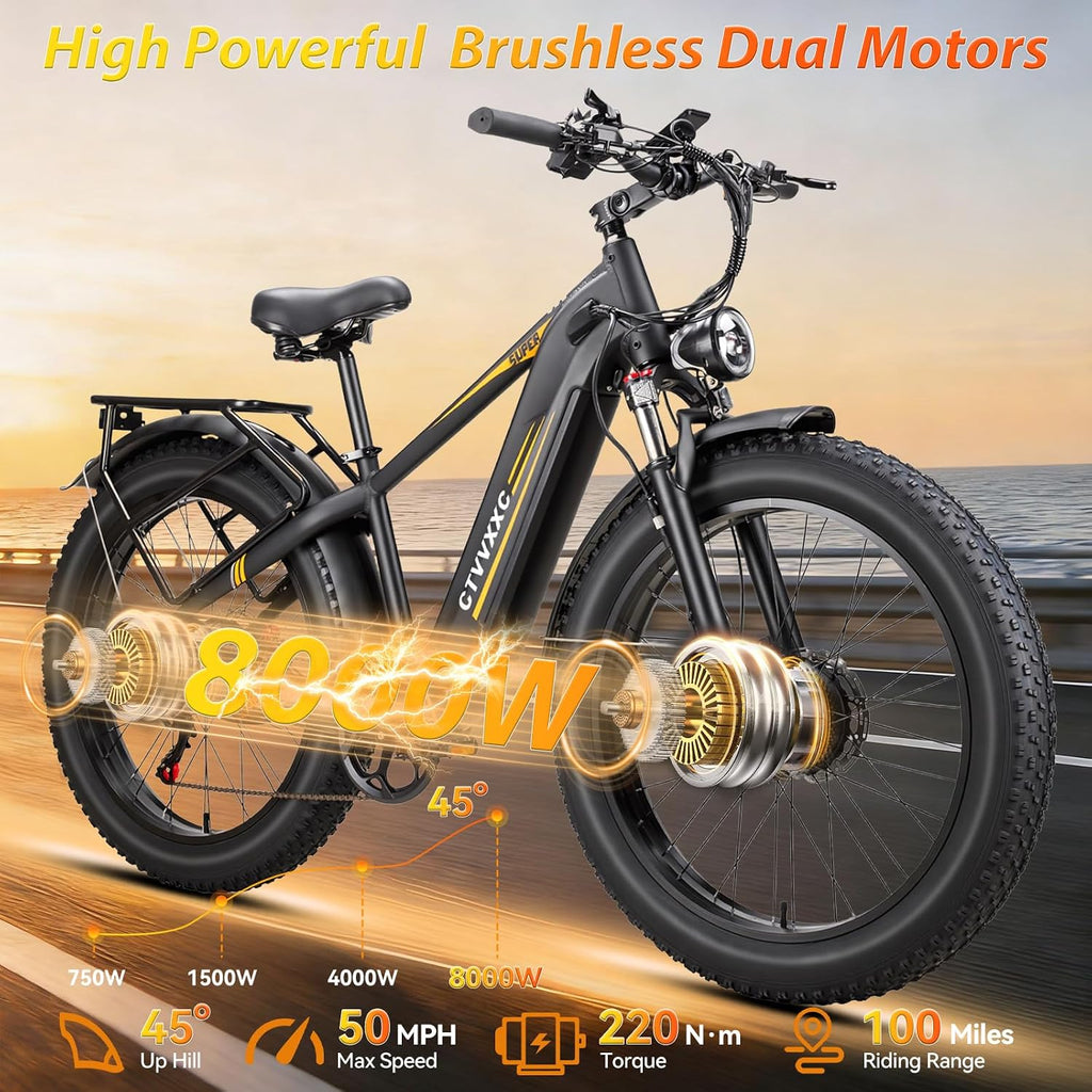 8000W Peak Dual Motor Ebike for Adults, Max 50 MPH Fast Electric Bike, 52V 1352Wh Built-in Battery 100 Miles, Adjustable Stem, Lockable Suspension, 26" Electric Bicycle for Off-Road Mountain
