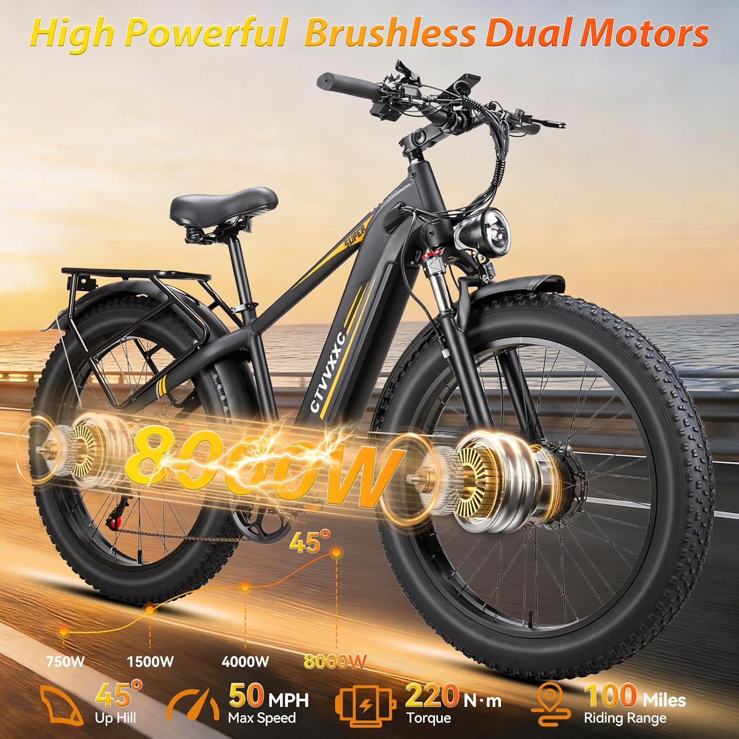 8000W Peak Dual Motor Ebike for Adults, Max 50 MPH Fast Electric Bike, 52V 1352Wh Built-in Battery 100 Miles, Adjustable Stem, Lockable Suspension, 26" Electric Bicycle for Off-Road Mountain