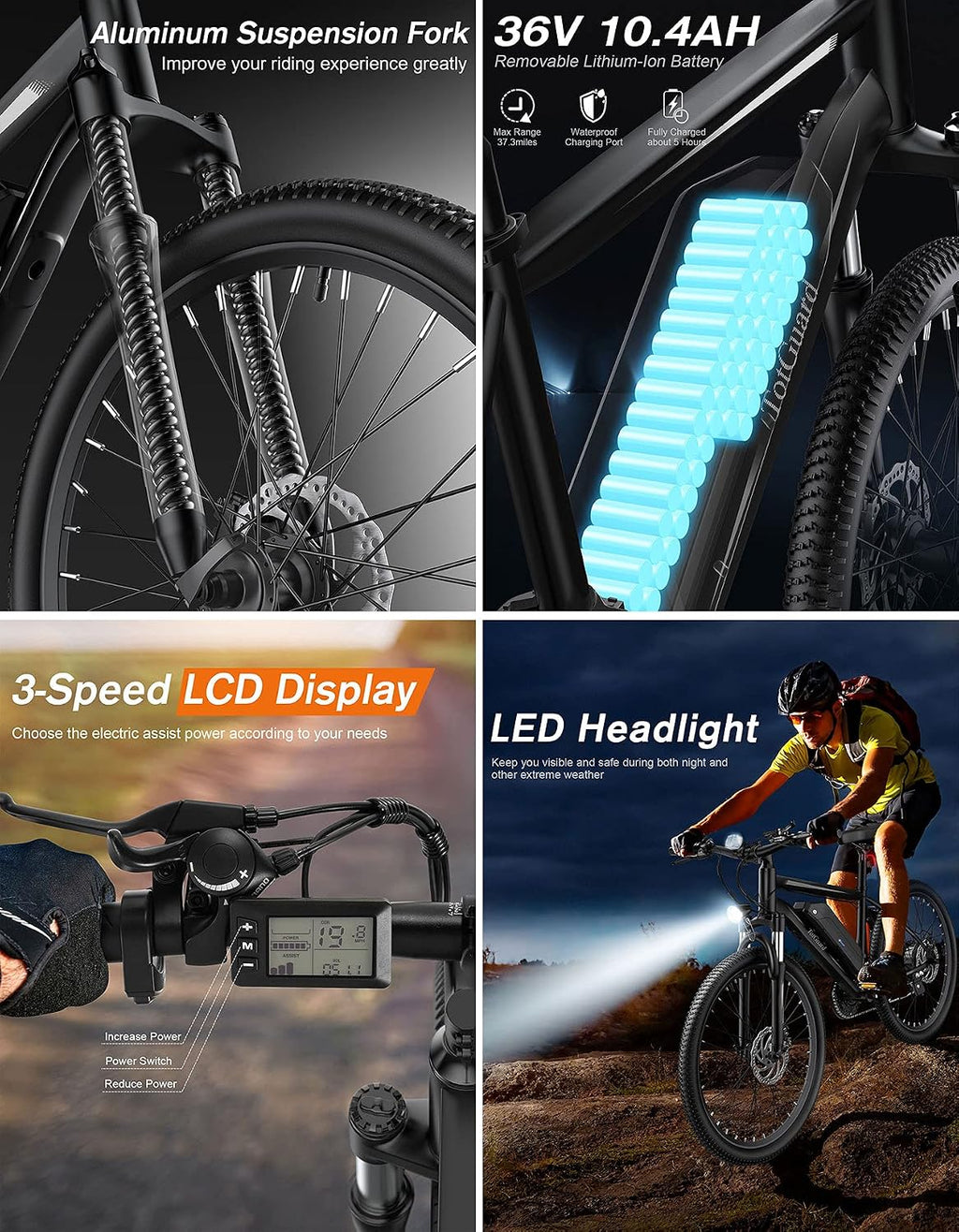 26" Electric Mountain & Commuter Bike – Peak 500W Brushless Motor, 374Wh Removable Battery, 21-Speed Trail E-Bike with Suspension Fork