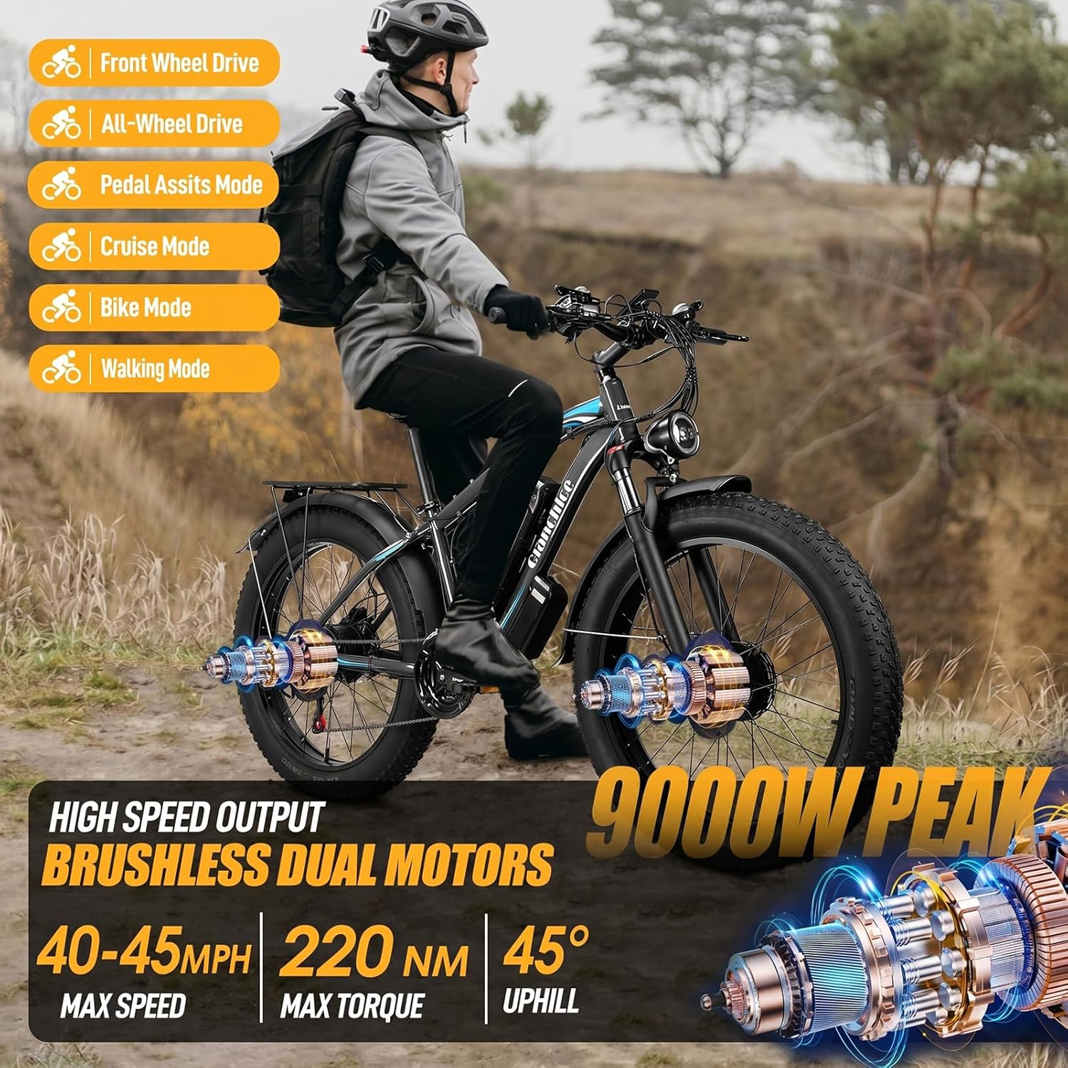 26" Dual-Motor All-Terrain Electric Mountain Bike | 9000W Peak 45MPH Extended Range E-Bike