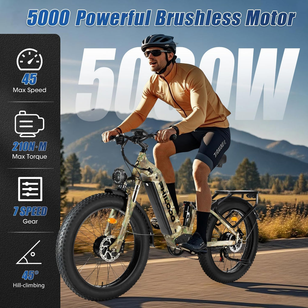 Electric Bike - Dual Motor Hunting Ebike, Fat Tire Full Suspension Dirt Bike for Adults, Long Range Snow/Sand Electric Bicycle