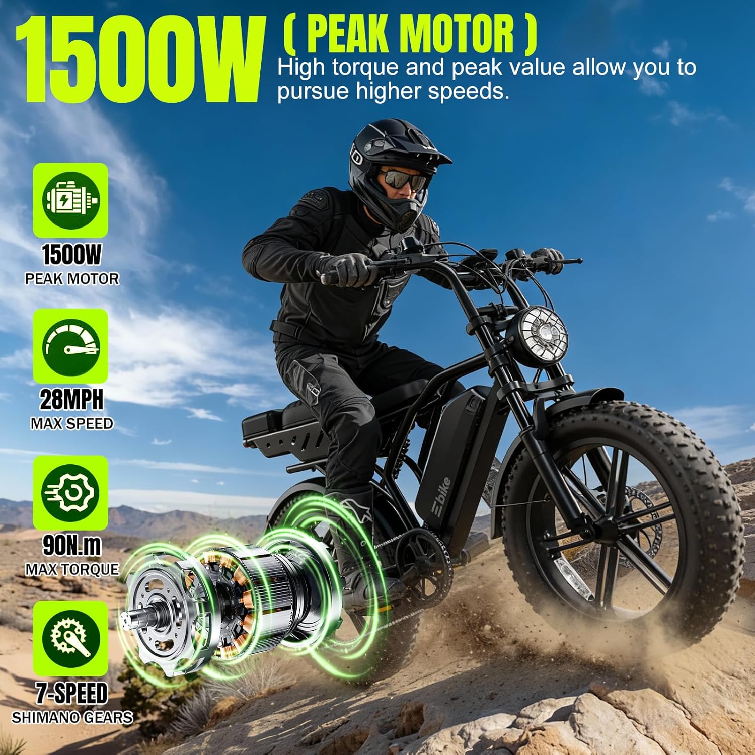 1500W Peak Electric Dirt Bike – 20" All-Terrain Fat Tire E-Bike with UL 2849 Certification