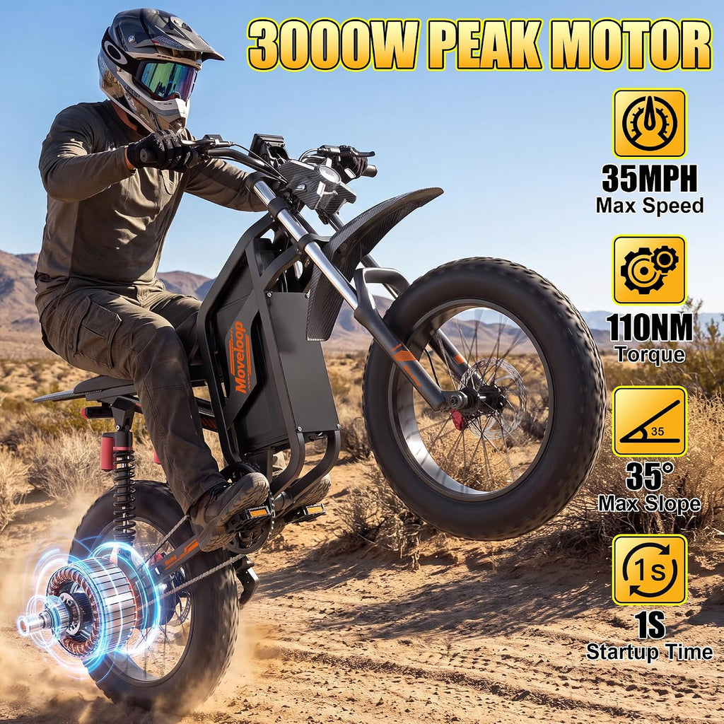 All-Terrain Adult Electric Dirt Bike – 3000W Peak High-Torque Motor, 19" Off-Road Fat Tires, Dual Suspension, UL 2849 Safety Certified