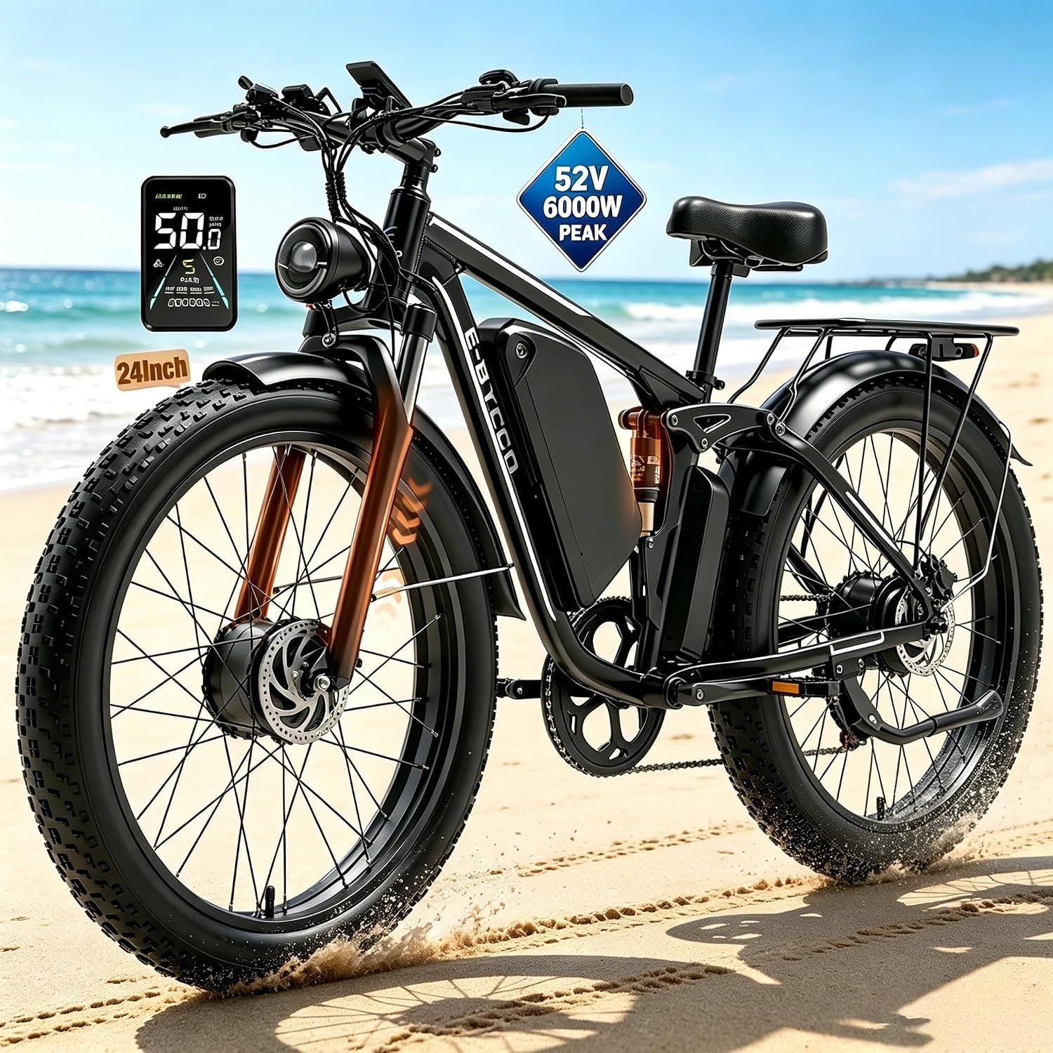 Dual Motor Off-Road Electric Bike | 6000W Peak, 52V 32Ah Long-Range Battery, 50 MPH Full Suspension Fat Tire E-Bike (24" or 26")