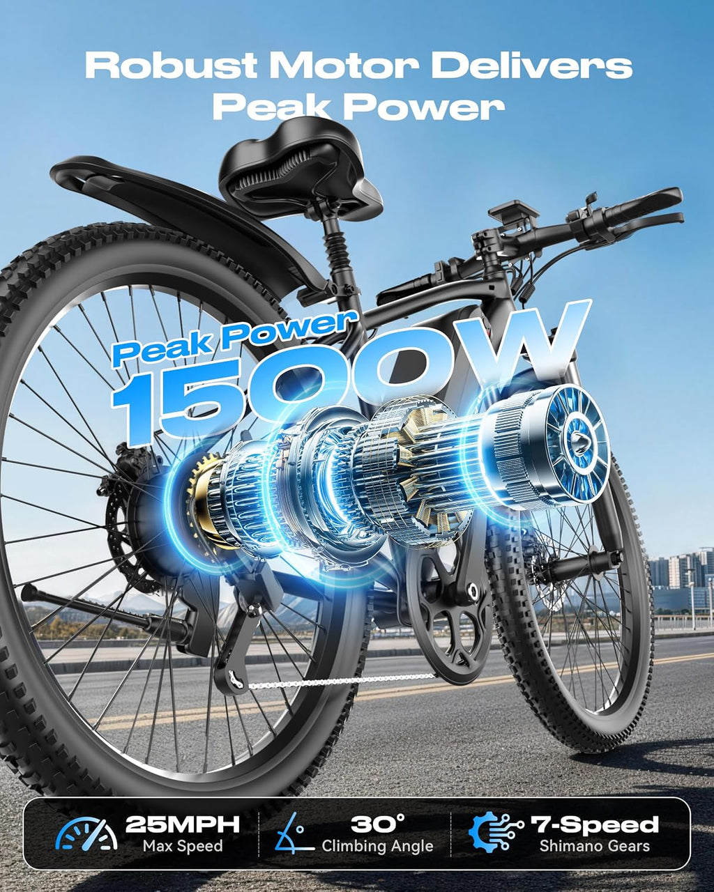 26" Electric Mountain Bike – 1200W Peak Motor Commuter E-Bike with 7-Speed Gears and IPX7 Waterproofing