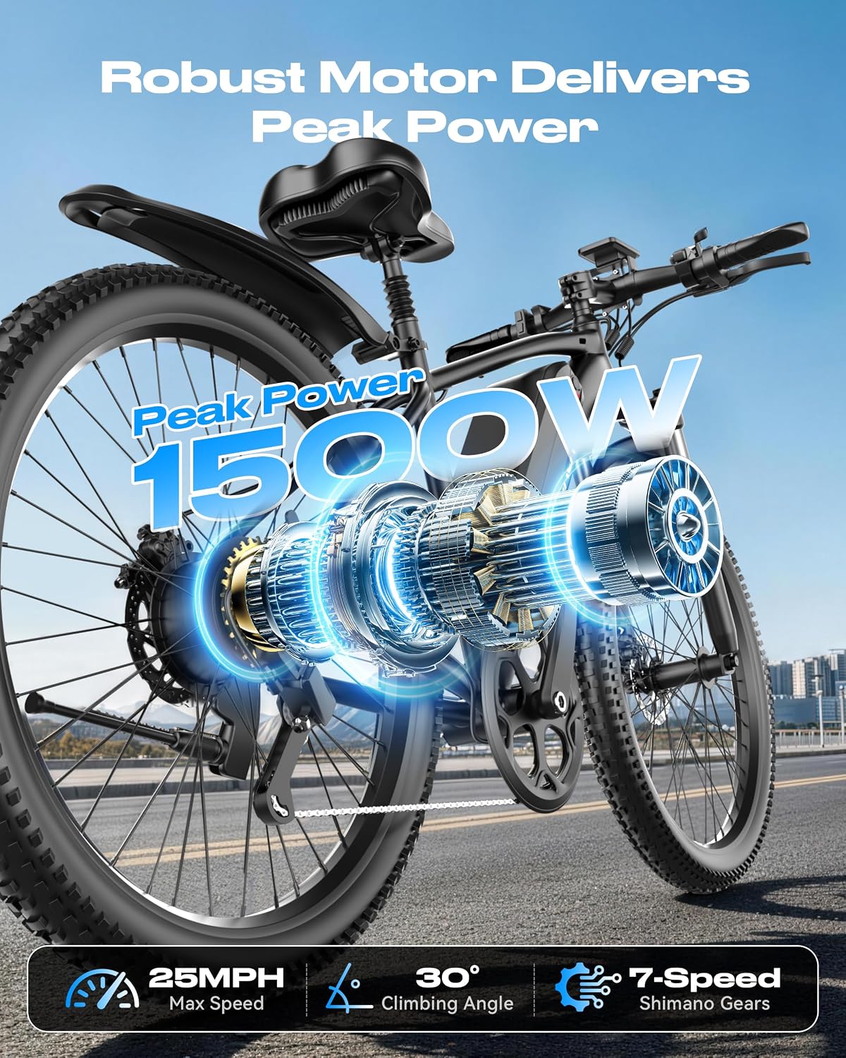 26" Electric Mountain Bike – 1200W Peak Motor Commuter E-Bike with 7-Speed Gears and IPX7 Waterproofing
