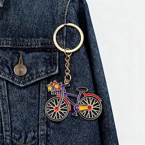 Cute Bicycle Keychain Vibrant Flower Basket Bike Key Chain