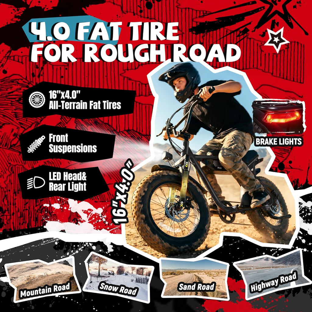 16" x 4.0" Fat Tire Electric Bike for Adults – 48V 13Ah, 20MPH, 7-Speed Dirt E-Moped with Front Suspension (60 Miles Max Range)
