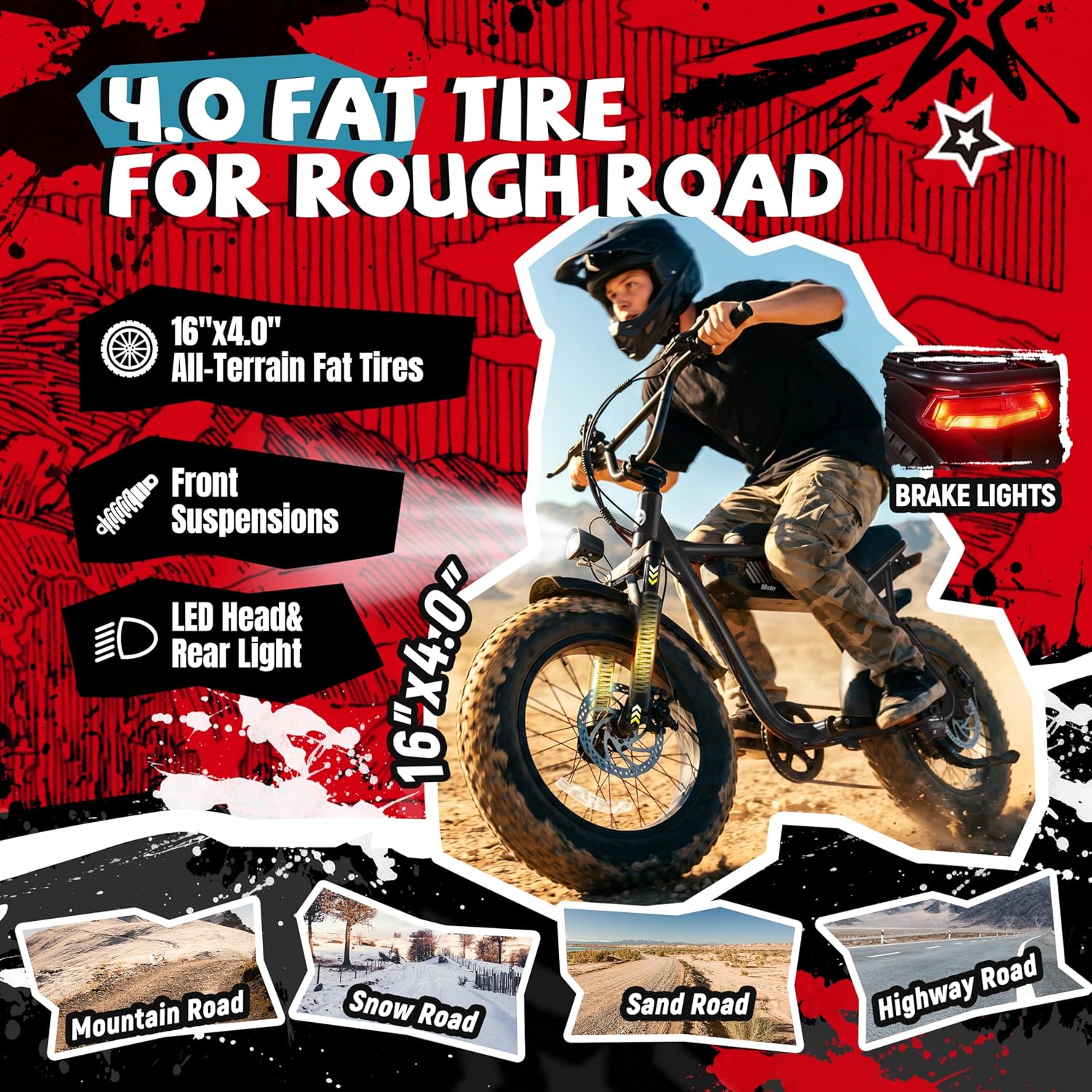 16" x 4.0" Fat Tire Electric Bike for Adults – 48V 13Ah, 20MPH, 7-Speed Dirt E-Moped with Front Suspension (60 Miles Max Range)