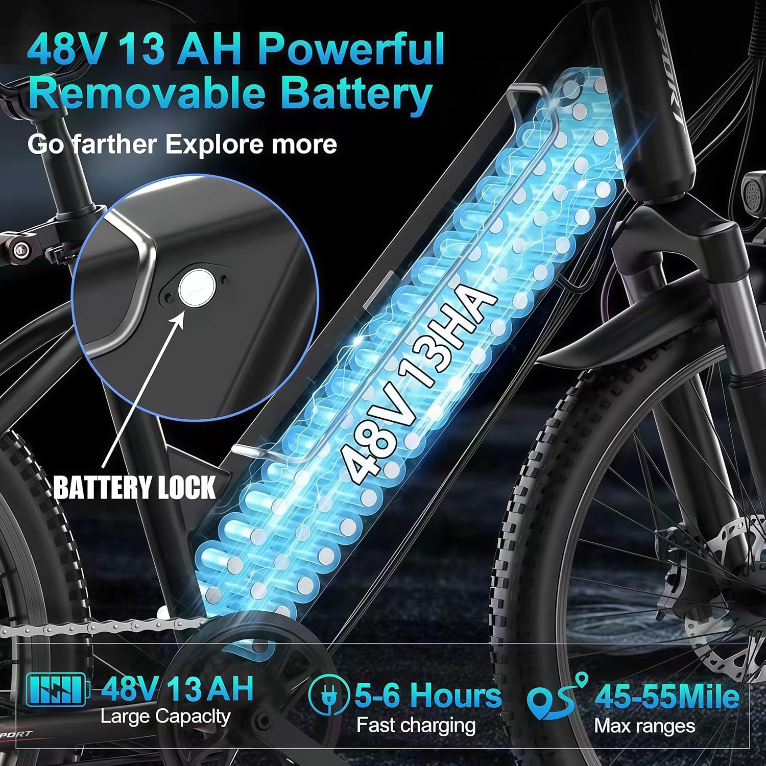 26" All-Terrain Step-Thru Electric Commuter Bike – 1500W Peak High-Torque Motor, 48V 13Ah Integrated Removable Battery, Adjustable Stem, 7-Speed, UL 2849 Safety Certified