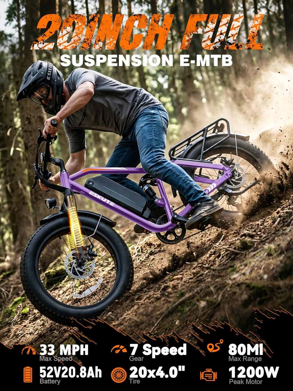 1200W Full Suspension Fat Tire Electric Mountain Bike – 52V 20.8Ah Long Range Battery, 33MPH Fast Off-Road & Commuter E-Bicycle
