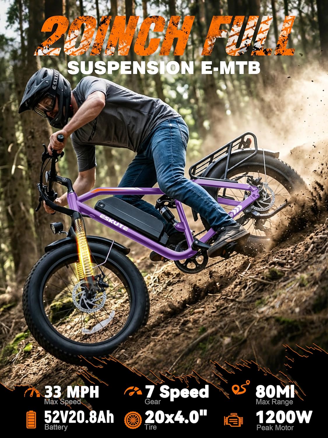 1200W Full Suspension Fat Tire Electric Mountain Bike – 52V 20.8Ah Long Range Battery, 33MPH Fast Off-Road & Commuter E-Bicycle