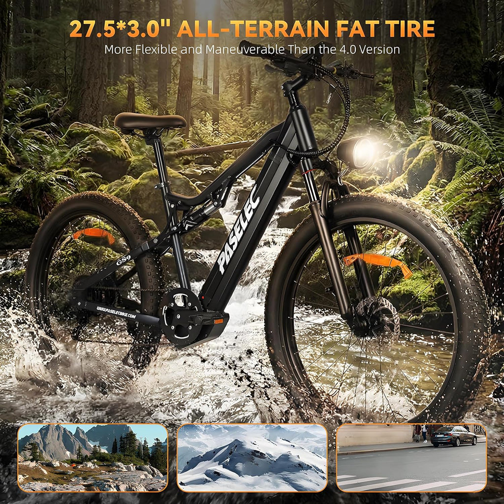 1300W Peak Full Suspension Electric Mountain Bike | 27.5" x 3.0" Fat Tire 15.6Ah E-Bike